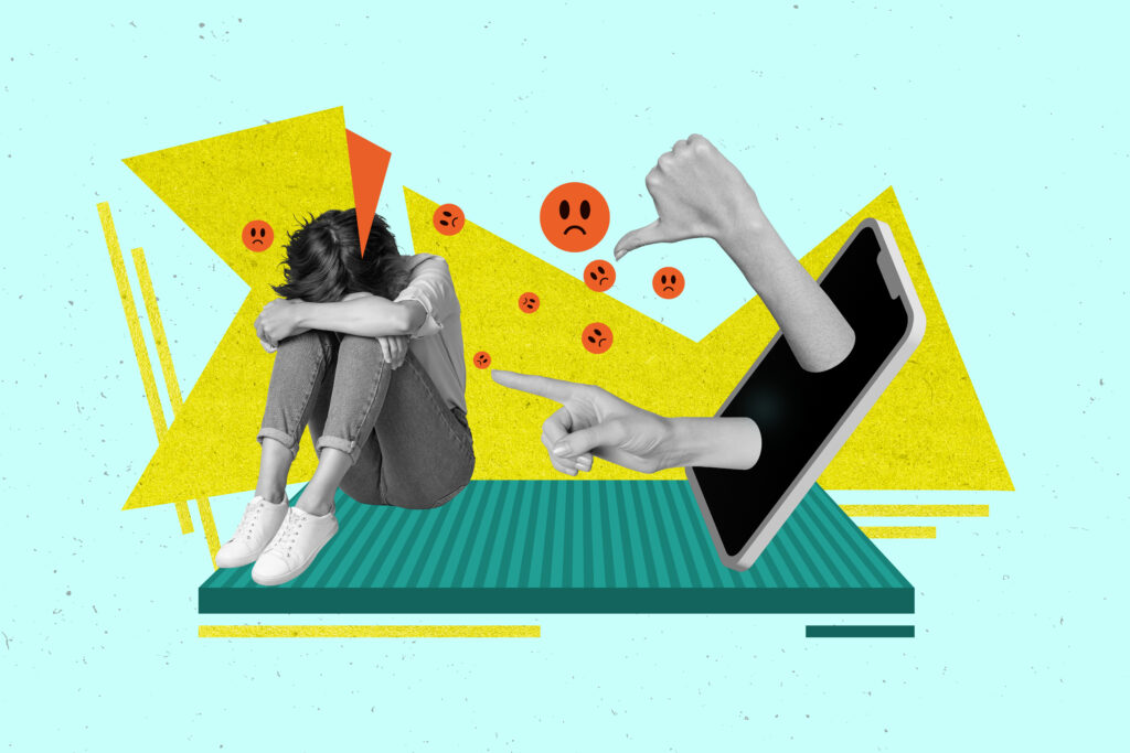 Photo poster collage stop cyberbullying concept instagram subscribers mocking stressed girl burnout cry isolated on blue background